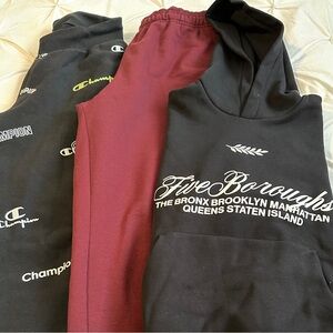 SWEATS BUNDLE: 2 sweatpants, 1 hoodie, and 1 sweatshirt.